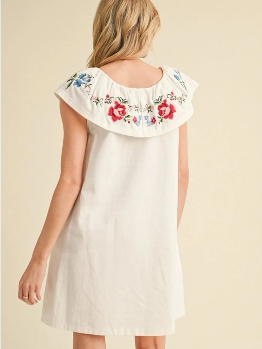 Jodifl Off White Embroidered Ruffle Neck Cotton Dress Button Front NWT - Picture 3 of 4